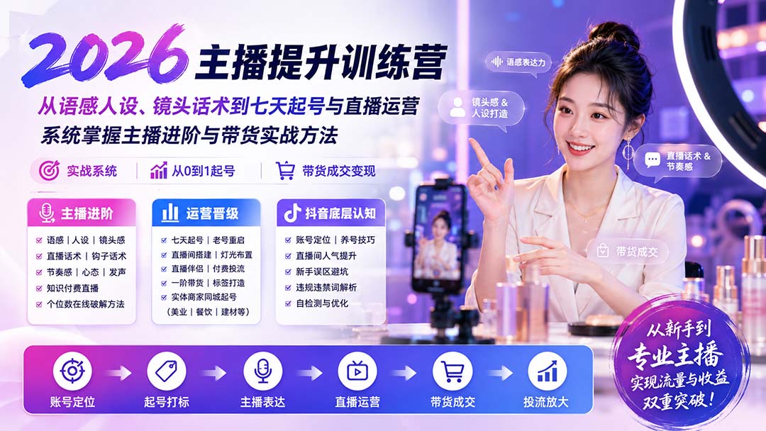 抖音主播提升训练营，语感人设镜头话术到七天起号与直播投流，实体商家同城起号也讲 - 缩略图