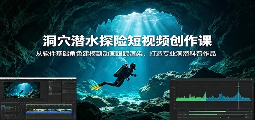 洞穴潜水探险短视频AE特效课，从洞潜员建模到蒙版跟踪渲染全流程，含鹰巢洞穴完整成片案例 - 缩略图