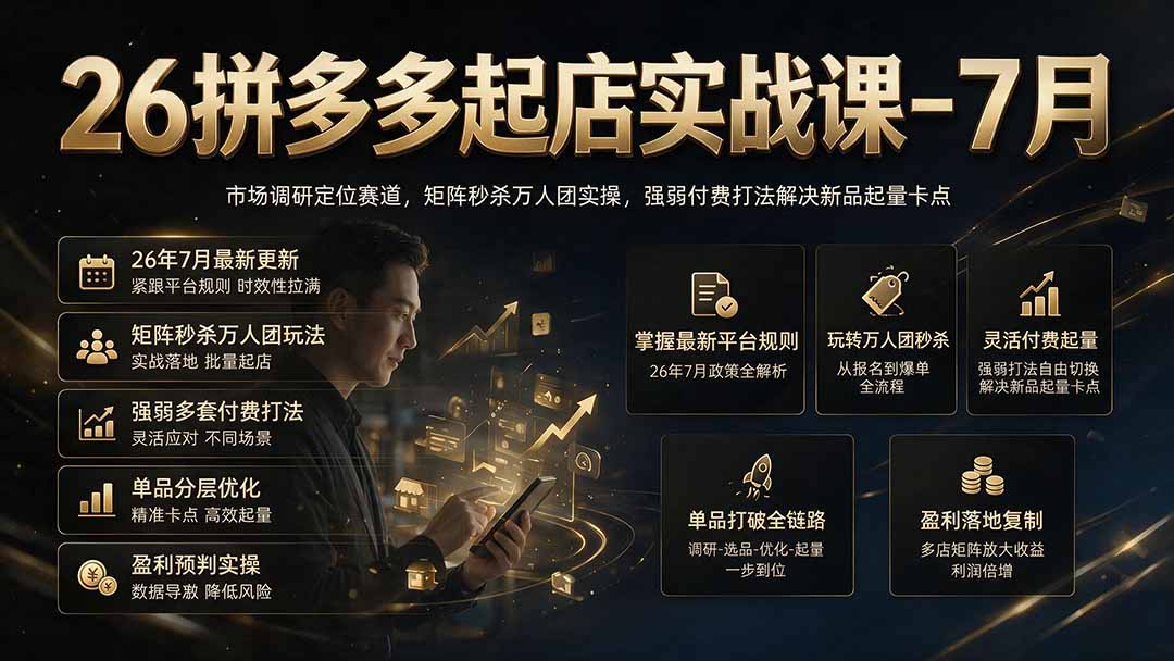 拼多多26年新版起店实战课，市场调研定赛道，矩阵秒杀万人团与强弱付费打法拆解 - 缩略图