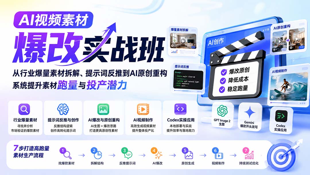 AI视频素材爆改实战，从爆量素材拆解、提示词反推到AI重构原创，提升跑量与投产 - 缩略图