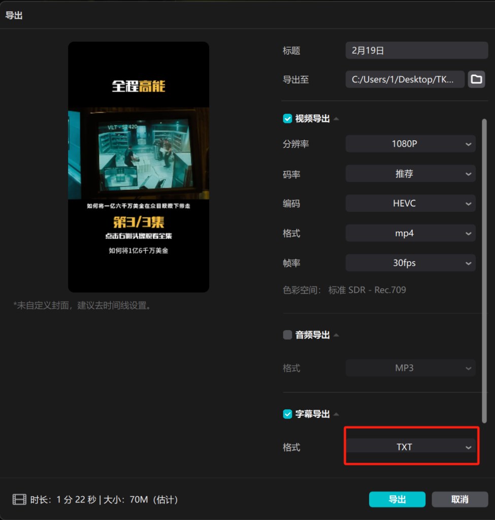 导出视频和字幕文件