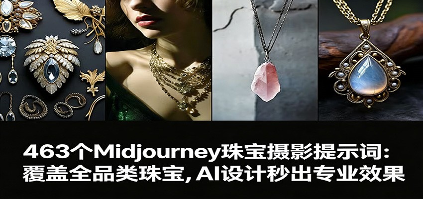 463个Midjourney珠宝摄影提示词，戒指项链耳环全品类，每条附4张示例图 - 缩略图