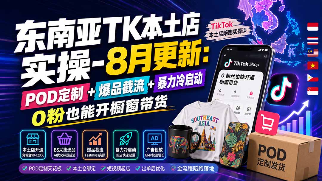 TikTok东南亚本土店陪跑实操，POD定制、爆品截流、暴力冷启动，0粉也能开橱窗带货 - 缩略图