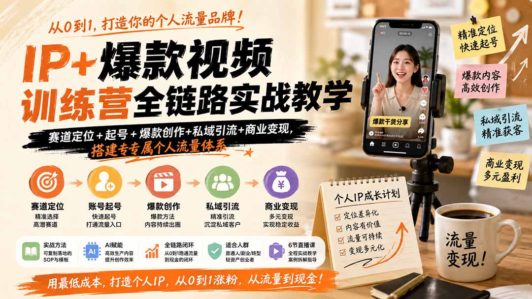个人IP+爆款短视频训练营，6节直播课讲透赛道定位、7秒爆款起号、AI批量出片和私域获客变现 - 缩略图
