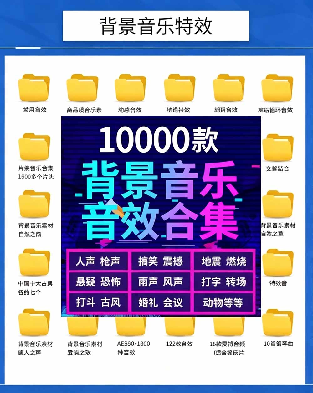 10000+款背景音乐音效素材合集，自然片头婚礼会议分类清晰，含MP3和WAV双格式 - 缩略图