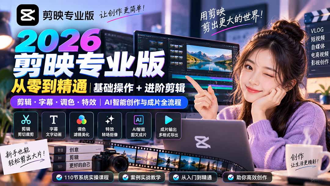剪映专业版110节从零到精通，基础剪辑到AI智能创作，字幕调色特效全流程 - 缩略图