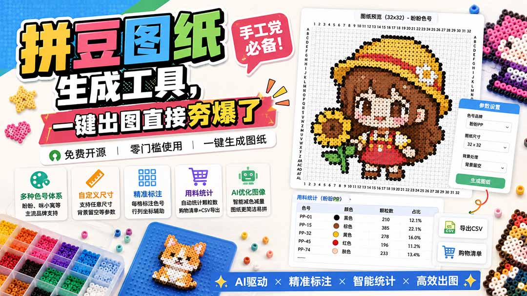 AI拼豆图纸生成工具，一句话出图带色号和颗粒数统计，支持盼盼咪小窝色号 - 缩略图