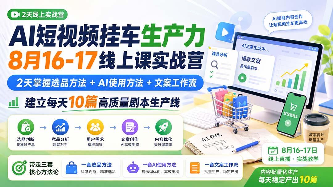 AI短视频挂车2天实战营，选品方法、AI提示词到文案工作流，建立每天产出10篇高质量剧本的内容生产线 - 缩略图