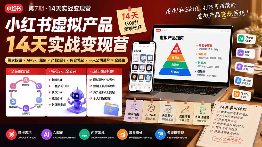小红书虚拟产品14天实战，14天跑通选品到AI原创产品，一人公司也能做 - 缩略图