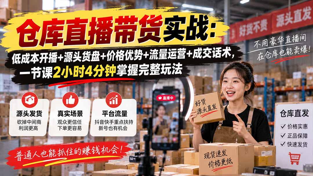 仓库直播带货实战，源头货盘低价开播，抖音快手新号也能拿流量 - 缩略图