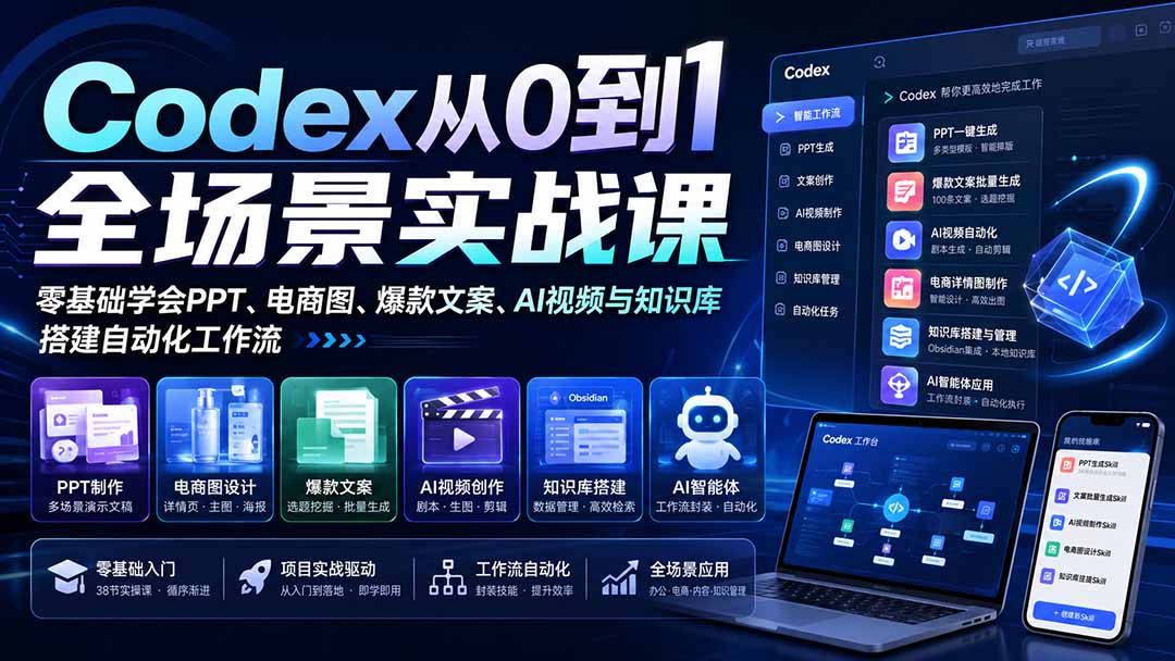 Codex从0到1实战课，38节零基础学PPT、电商图、爆款文案和AI视频，封装Skill搭自动化工作流 - 缩略图