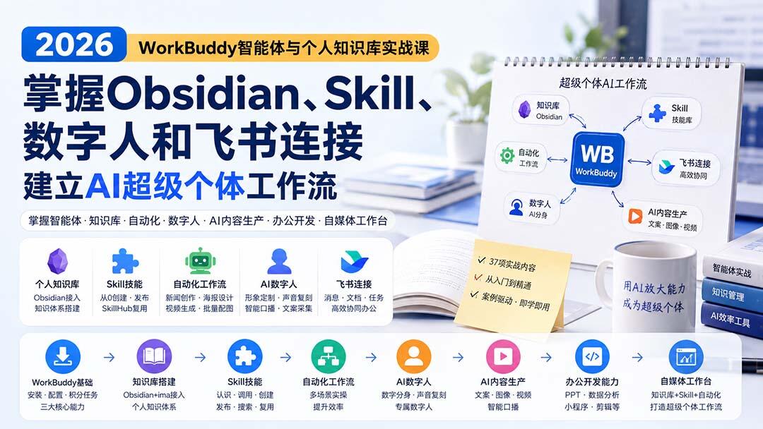 WorkBuddy智能体实战课，从Skill创建、Obsidian知识库到AI数字人，搭自媒体创作工作台 - 缩略图