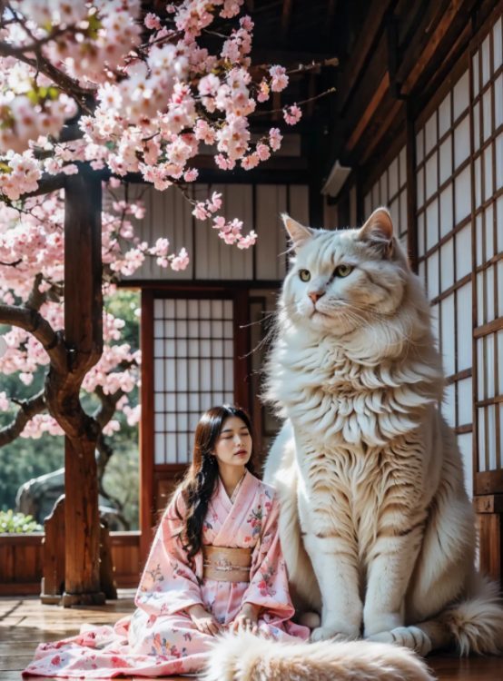 大猫与人走在古代场景中的画面
