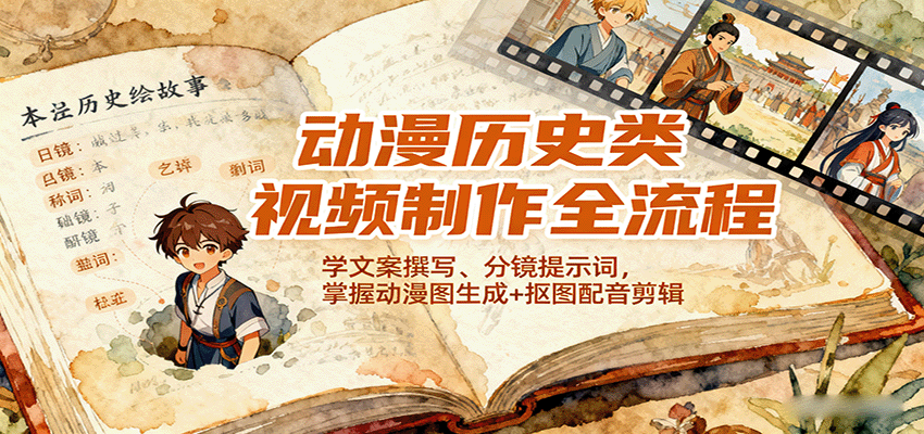 动漫历史短视频全流程，从文案分镜提示词到动漫图生成、抠图配音剪辑，可接抖音精选分成 - 缩略图