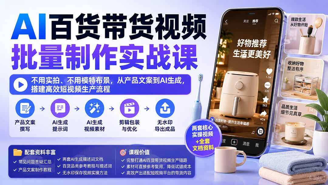 AI百货带货视频批量制作课，不用实拍和模特，从产品文案到AI生成跑通短视频生产流程 - 缩略图