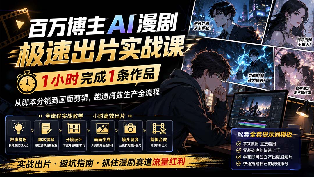 AI漫剧极速出片实战课，百万博主跑通1小时一条的脚本分镜到剪辑全流程 - 缩略图