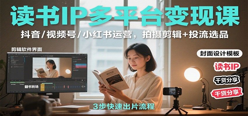 读书IP短视频变现课，抖音视频号小红书多平台起号、拍摄剪辑、挂车带货与投流选品，35节实操课+8节加餐 - 缩略图
