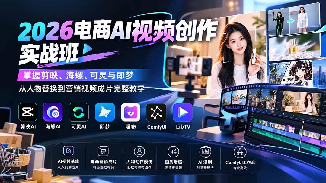 电商AI视频创作实战班，剪映海螺可灵即梦加ComfyUI工作流，从人物替换到电商营销成片 - 缩略图