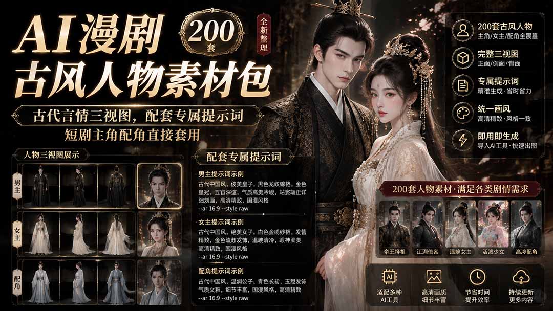 AI漫剧古风人物素材，200套古代言情三视图配专属提示词，主角配角直接套用 - 缩略图