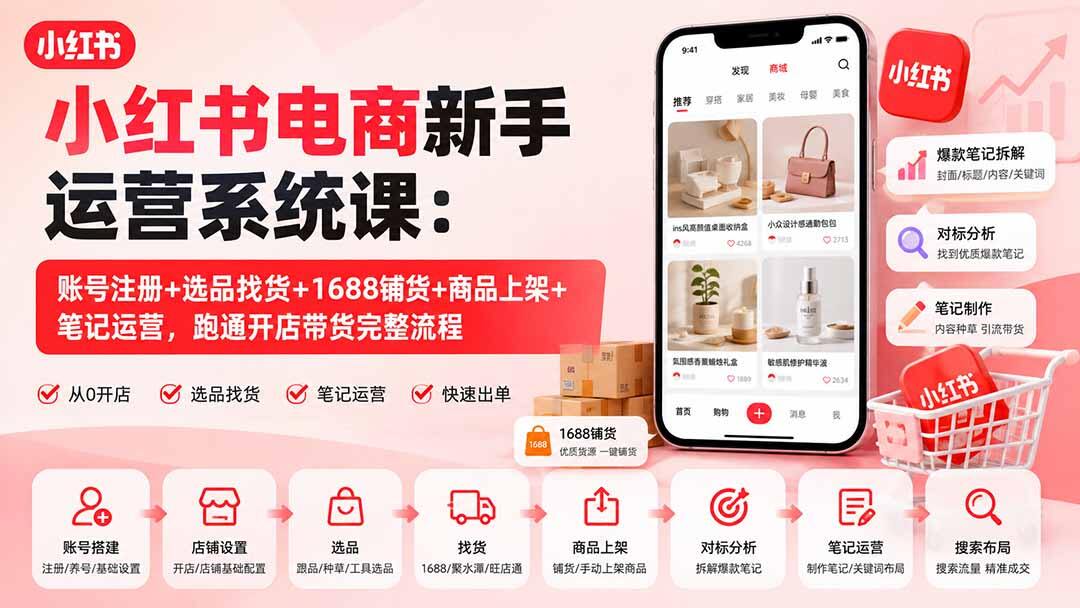 小红书电商新手系统课，账号注册到1688铺货、笔记运营，跑通开店带货全流程 - 缩略图