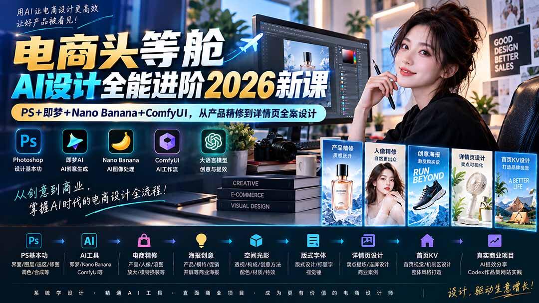 电商设计AI进阶2026新课，PS+即梦+Nano Banana+ComfyUI，从产品精修到详情页首页全案 - 缩略图