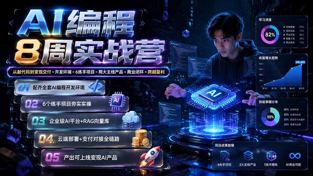 AI编程8周实战营，从Claude Code环境搭建到6个练手项目，两款产品上线打通收款 - 缩略图