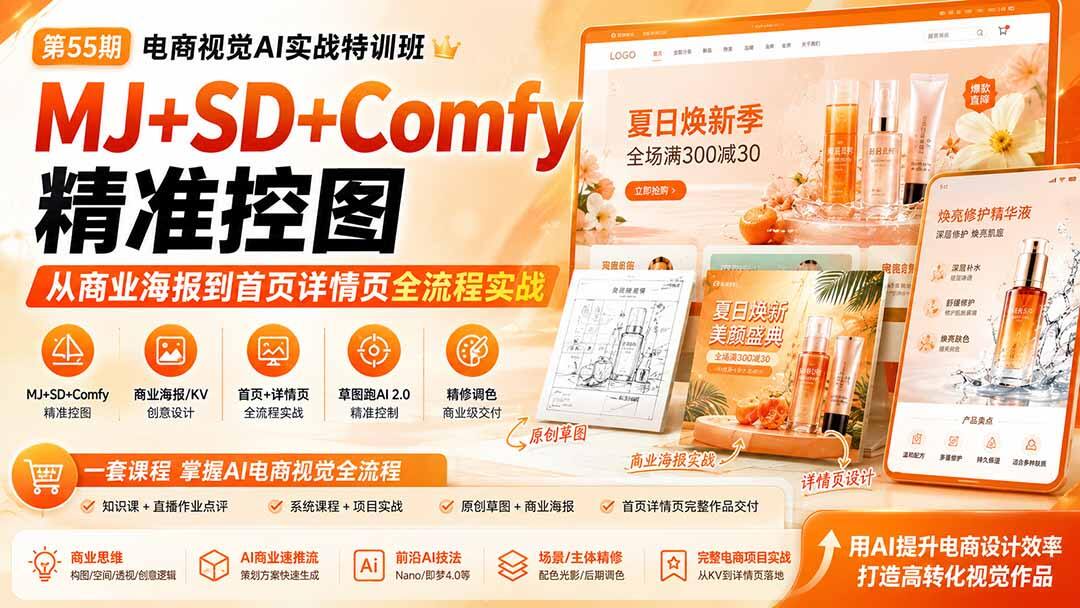 电商视觉AI实战，MJ+SD+Comfy精准控图，从草图到商业海报、首页详情页全流程 - 缩略图