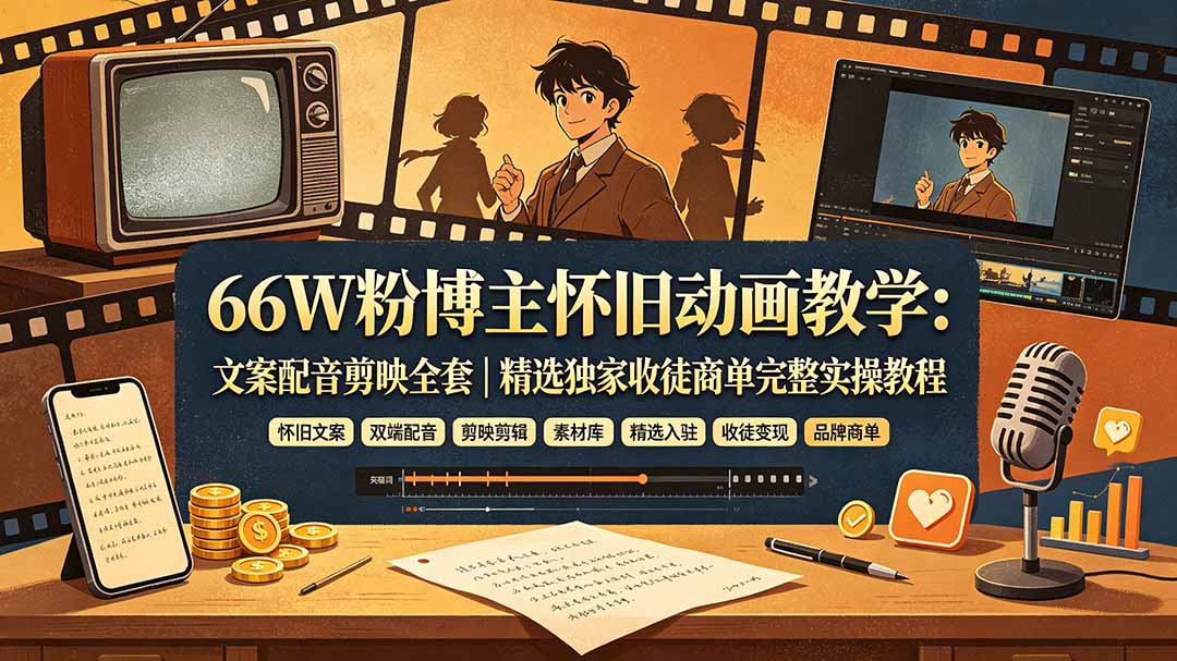 抖音怀旧动画短视频课，66万粉博主拆解文案配音剪映全流程，精选独家收徒商单变现 - 缩略图