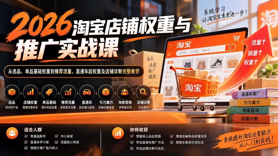 2026淘宝店铺权重与推广实战课，12个模块讲清选品、单品权重、直通车起权重和店铺诊断 - 缩略图