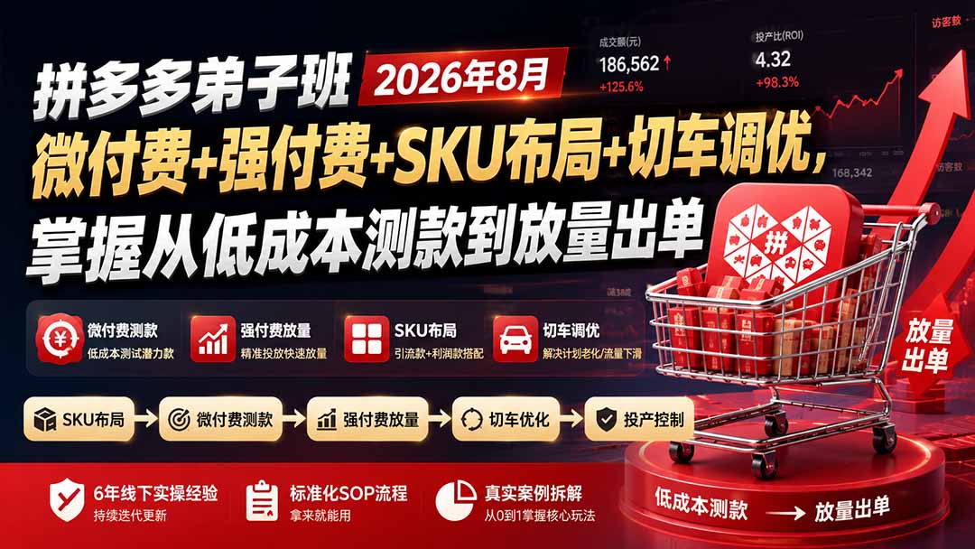拼多多微付费+强付费投放SOP，SKU布局与切车调优，低成本测款到放量出单 - 缩略图