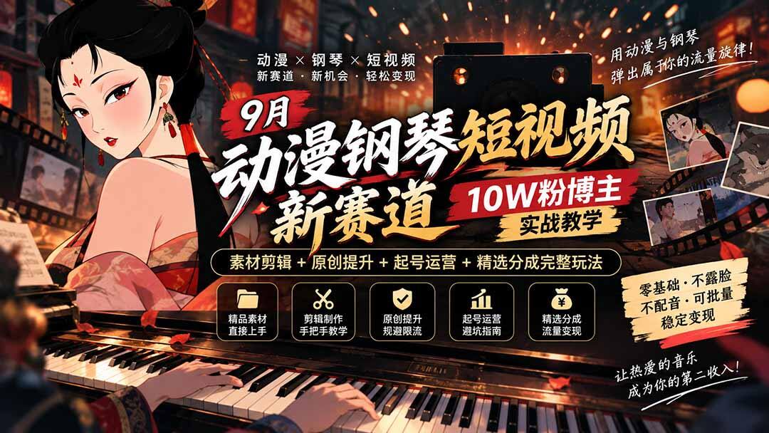 动漫钢琴短视频不露脸玩法，10W粉博主实战教学，素材剪辑、原创度提升和起号避坑，跑通精选分成 - 缩略图