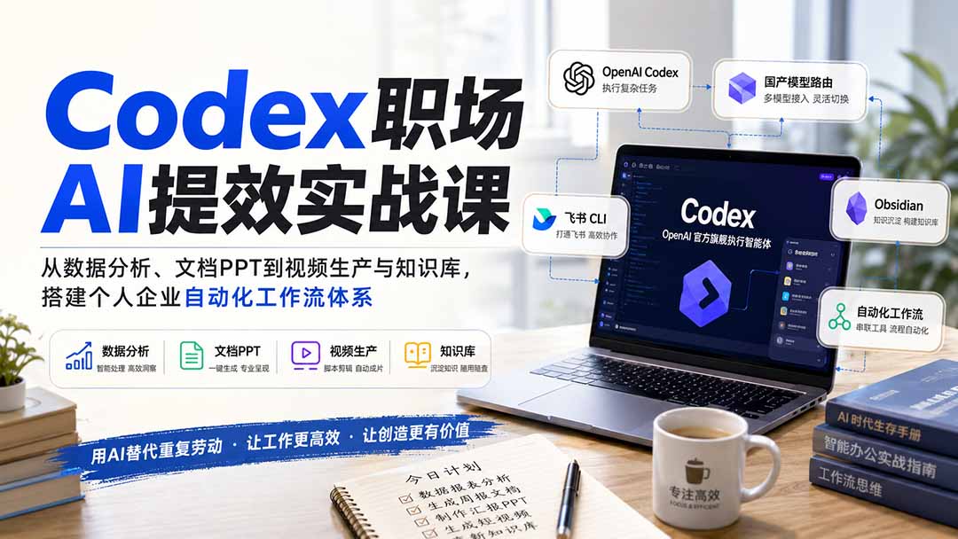 Codex职场自动化办公实战课，数据分析、PPT文档、视频批量生产加飞书和Obsidian知识库 - 缩略图