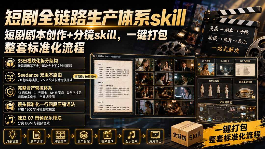 短剧全链路生产体系Skill，从剧本创作到分镜配乐，35份模块化文件按需调用 - 缩略图