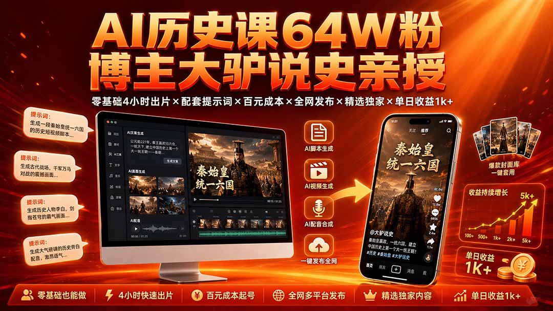 抖音64W粉大驴说史AI历史课，零基础4小时出片，配套提示词，单作品成本百元内，全网发布单日收益1k+ - 缩略图