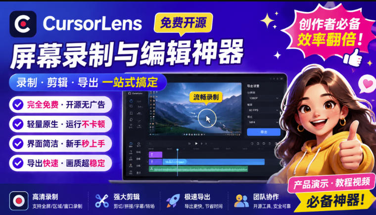 CursorLens免费开源录屏工具，支持自动缩放和光标美化，Win、Mac都能用，教程演示视频录制够用 - 缩略图