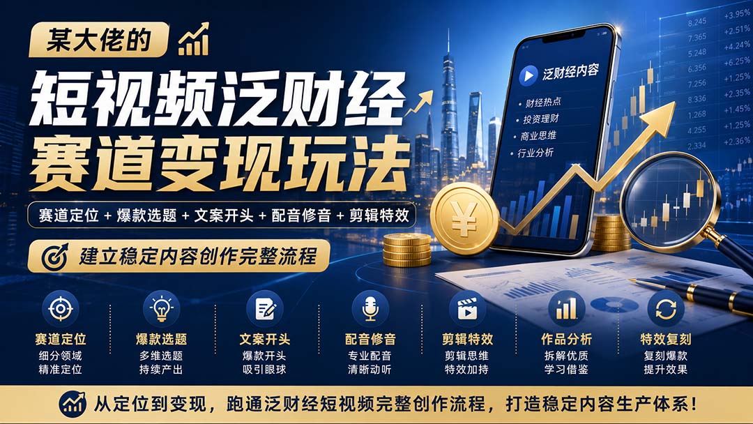 短视频泛财经赛道全流程实战，选题文案到配音剪辑特效拆解，跑通稳定内容创作流程 - 缩略图