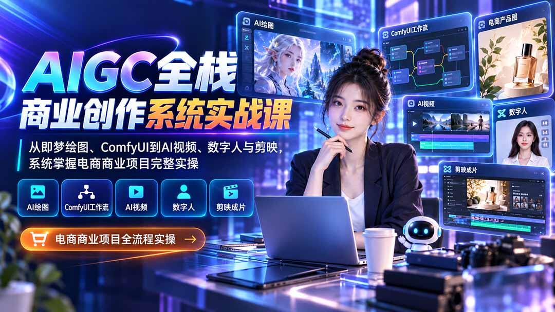 AIGC全栈商业创作实战课，从即梦AI绘图、ComfyUI工作流到AI视频和数字人带货，剪映成片跑通电商项目全流程 - 缩略图