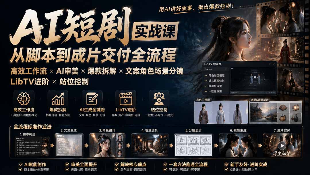 AI短剧漫剧从脚本到成片全流程实战，AI文案、角色三视图、场景道具分镜到LibTV角色站位与导演台控制 - 缩略图