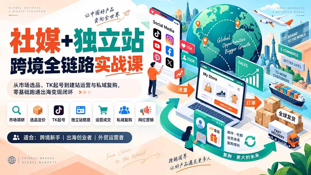跨境电商独立站+TK社媒全链路实操，从市场选品、起号引流到建站运营与私域复购 - 缩略图