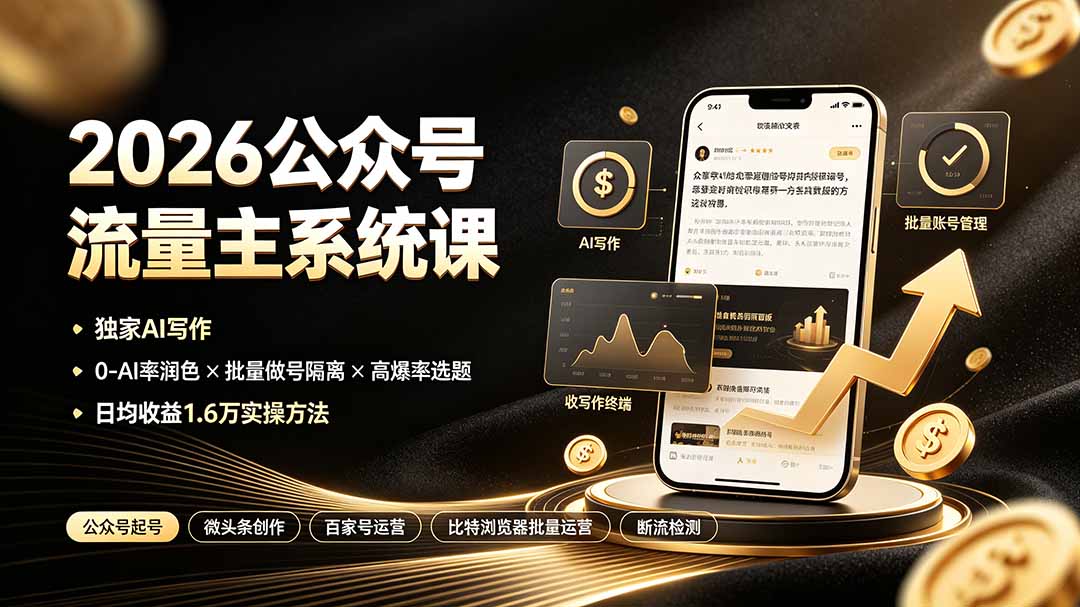 公众号流量主2026系统课，AI写作降AI率、批量做号隔离，学员单日最高收益1.6万 - 缩略图