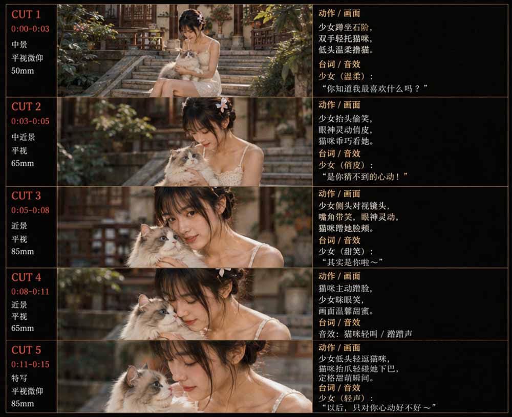 美女和猫AI故事短视频，人物一致性提示词加故事板模板，人物卡创作到风格控制全流程 - 缩略图