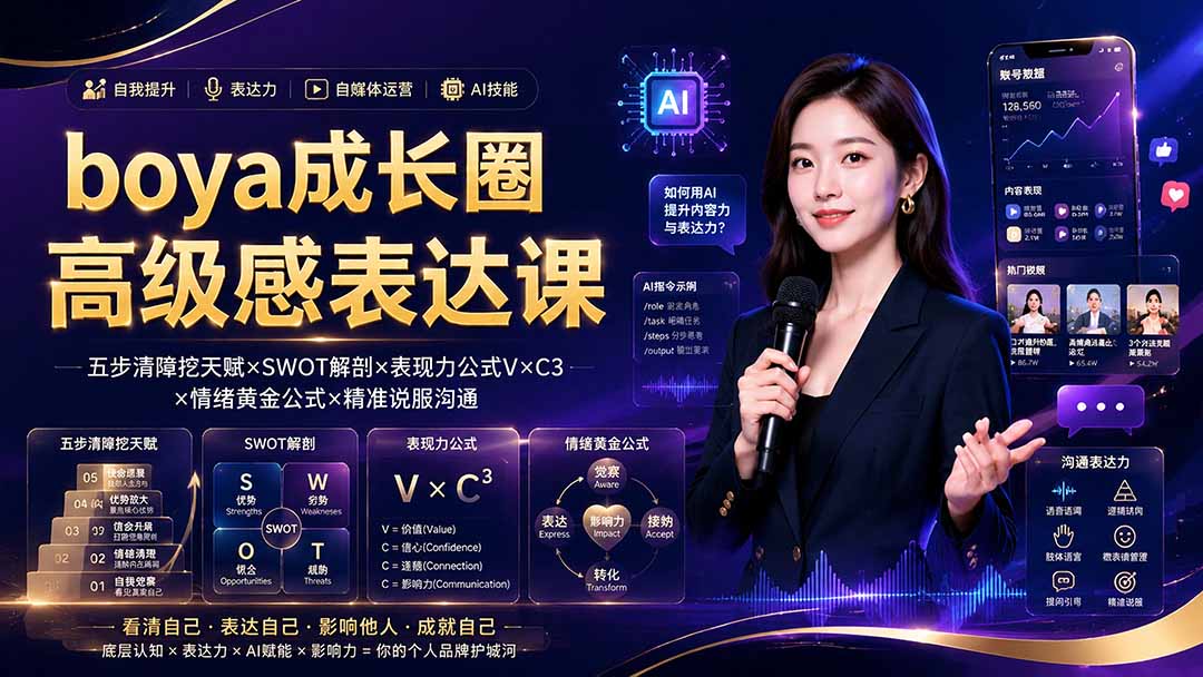 boya成长圈内心成长、高级表达、AI自媒体三合一，镜头表现力到AI口播稿实操 - 缩略图