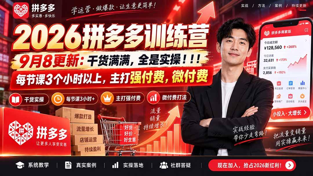 拼多多强付费微付费实操训练营，每节课3小时以上，2026整套课程更新 - 缩略图