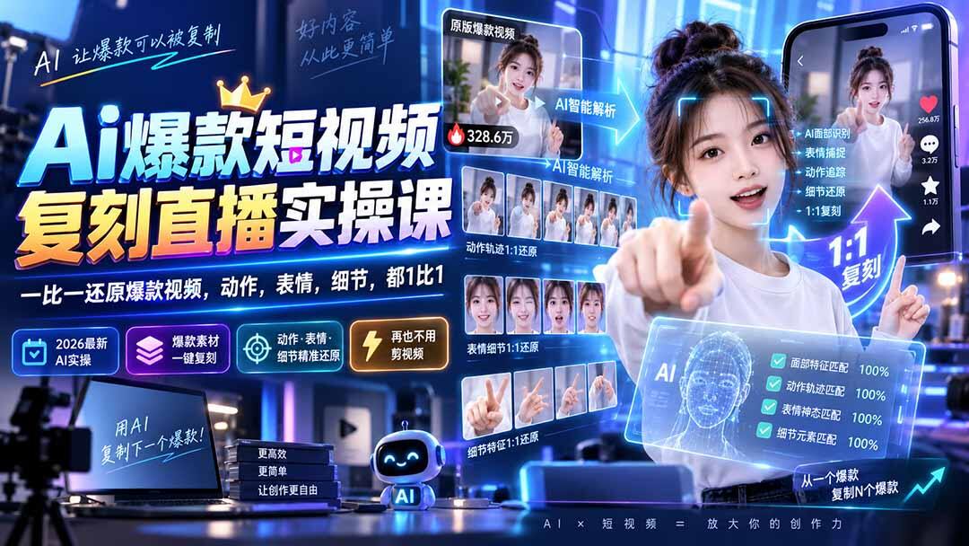 2026最新AI复刻爆款短视频直播实操，动作表情细节1比1还原，不用自己剪视频 - 缩略图