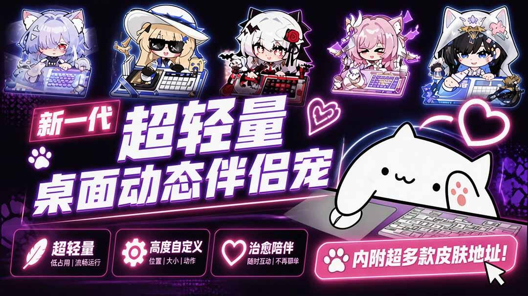 开源免费的桌面宠物BongoCat，5M体积10M内存，键盘鼠标手柄都能联动，支持多款皮肤 - 缩略图