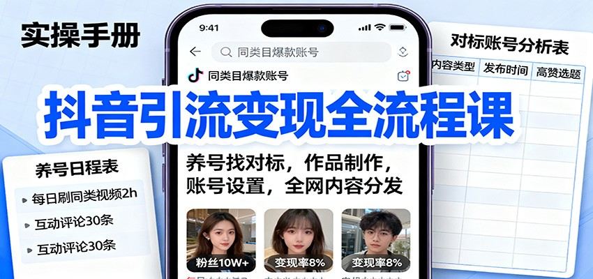 抖音创业粉引流变现实战课,养号找对标到作品制作发布,12个环节跑通全流程 - 缩略图