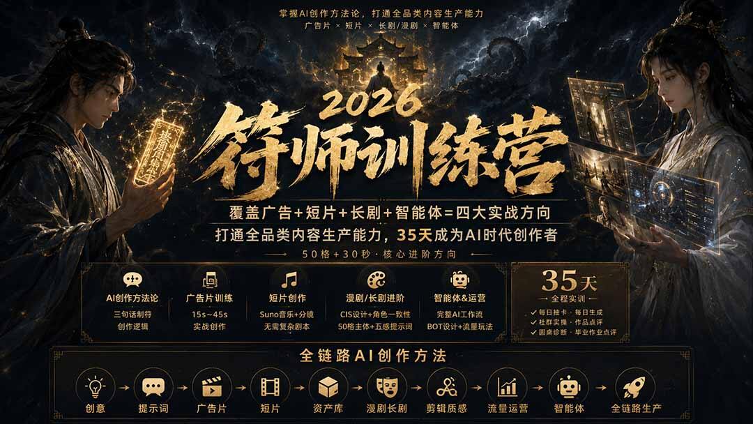 符师训练营35天AI视频创作实训，广告片、短片、漫剧长剧到智能体全流程拆解 - 缩略图