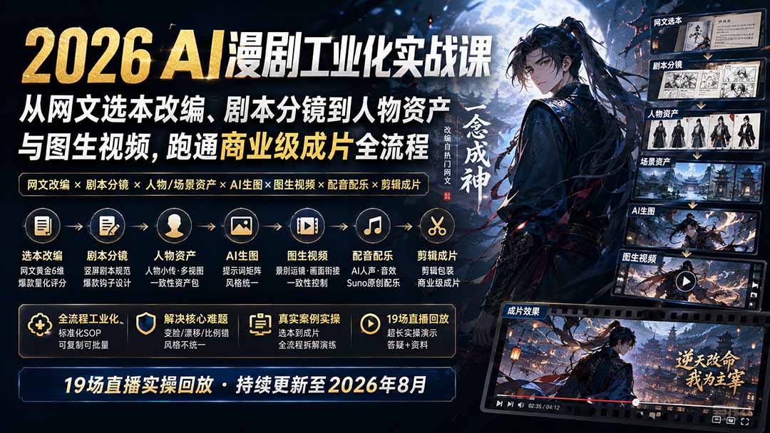 AI漫剧工业化实战课，从网文改编、剧本分镜到人物资产与图生视频全流程 - 缩略图