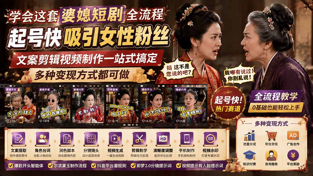 婆媳家庭短剧起号全流程，文案脚本分镜到剪辑成片，手机也能做，吸引女性粉丝多种方式变现 - 缩略图
