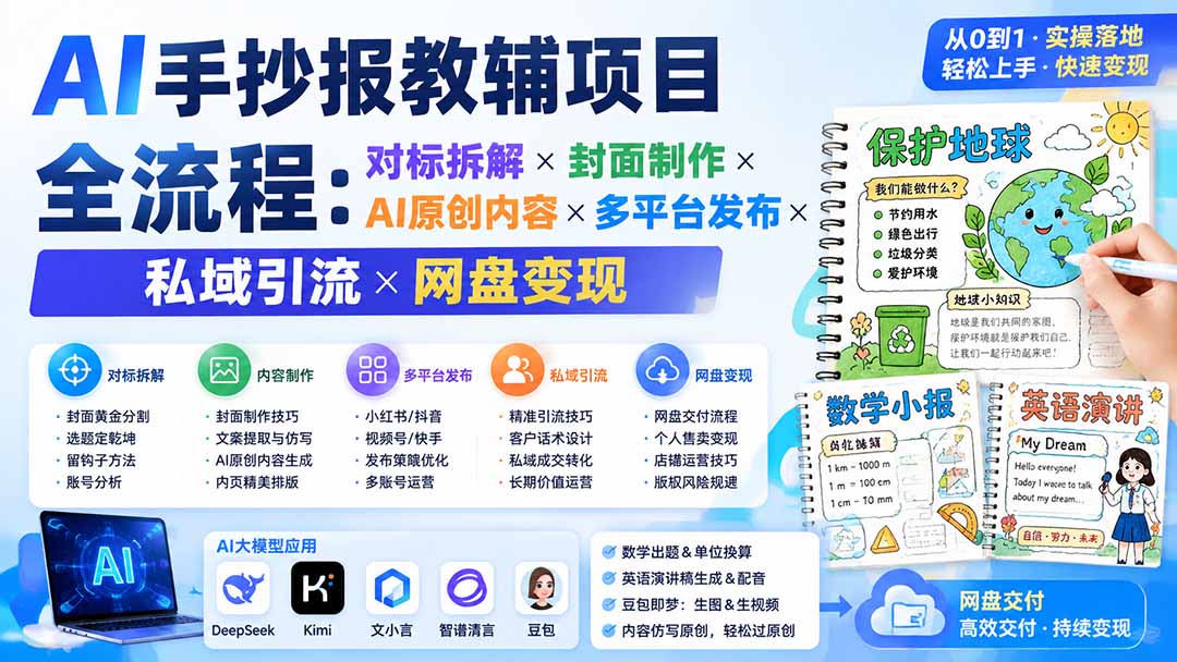 AI手抄报教辅项目全流程，对标拆解、爆款封面和AI原创内容，多平台发布变现 - 缩略图